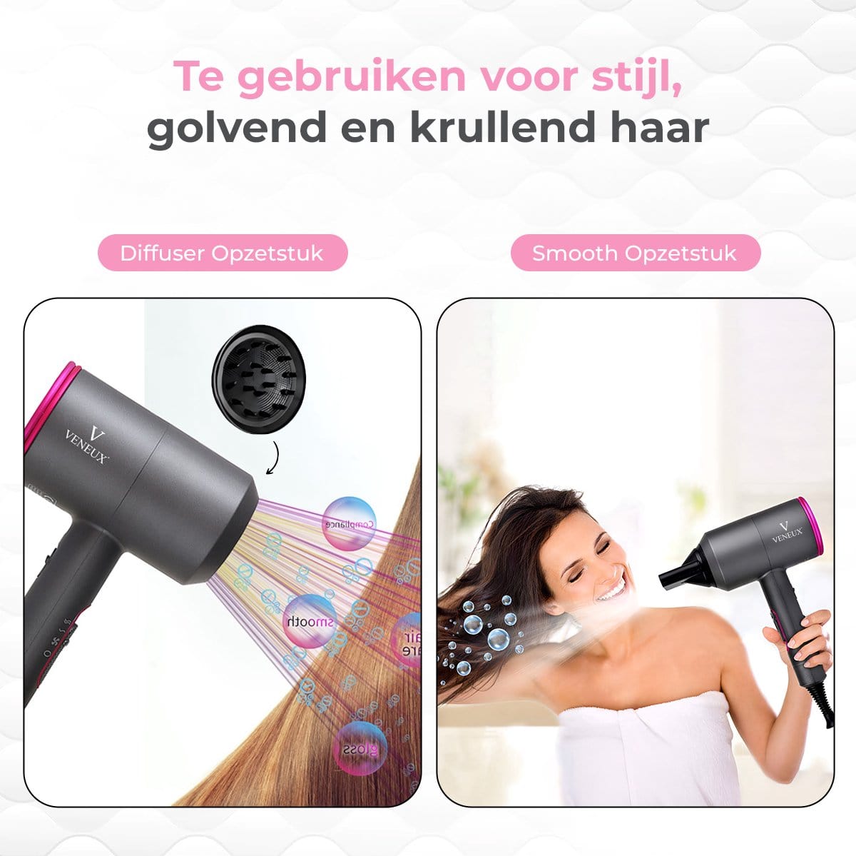 VENEUX® Haardroger 1800W met Diffuser, Krulborstel & 10 Kammen Set - VENEUX